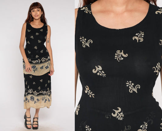 Y2K Bila Black Maxi Dress Tan Floral Border Print Sleeveless Small