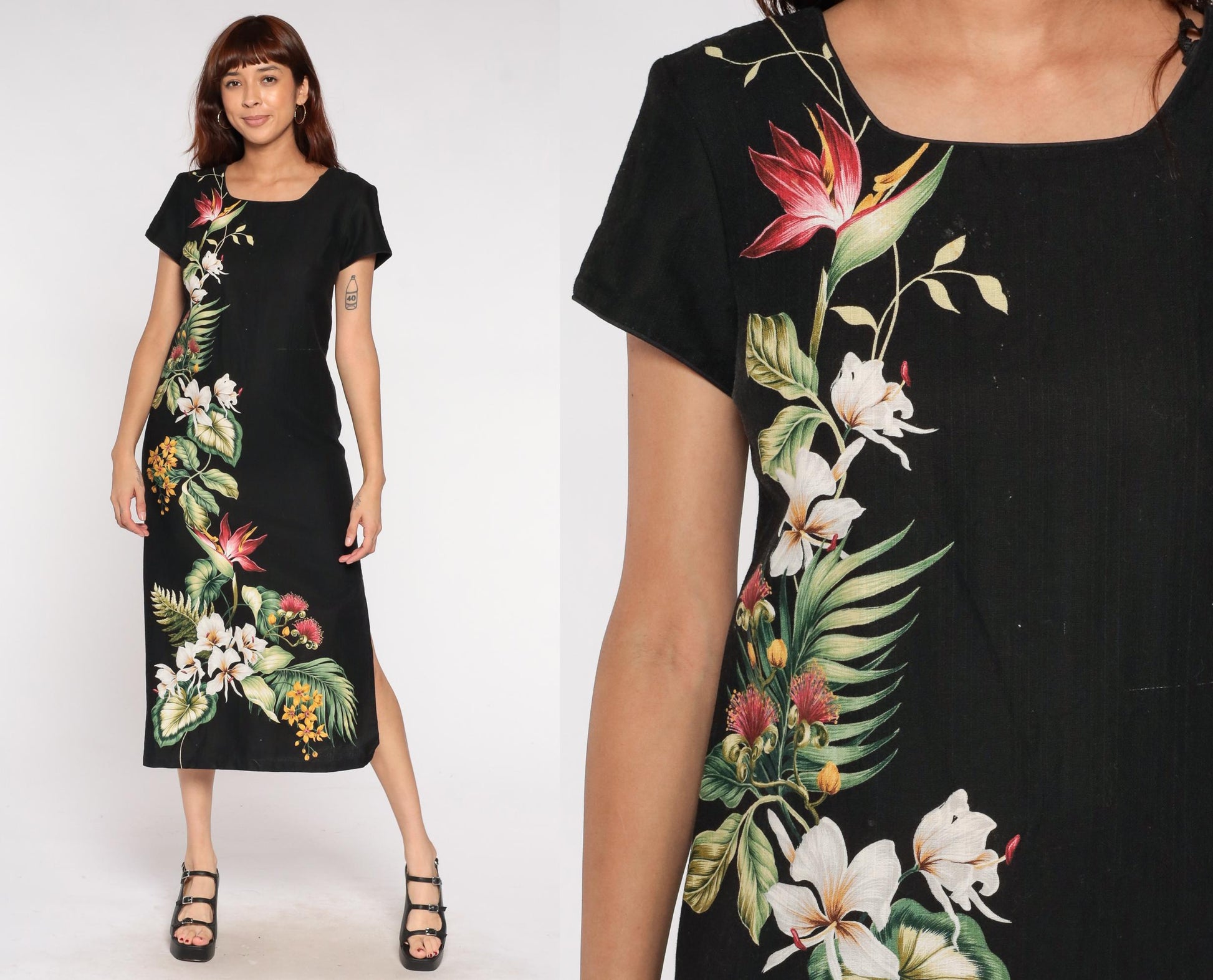 Young Hawaii Black Tropical Floral Midi Dress Bird of Paradise Cotton Small S