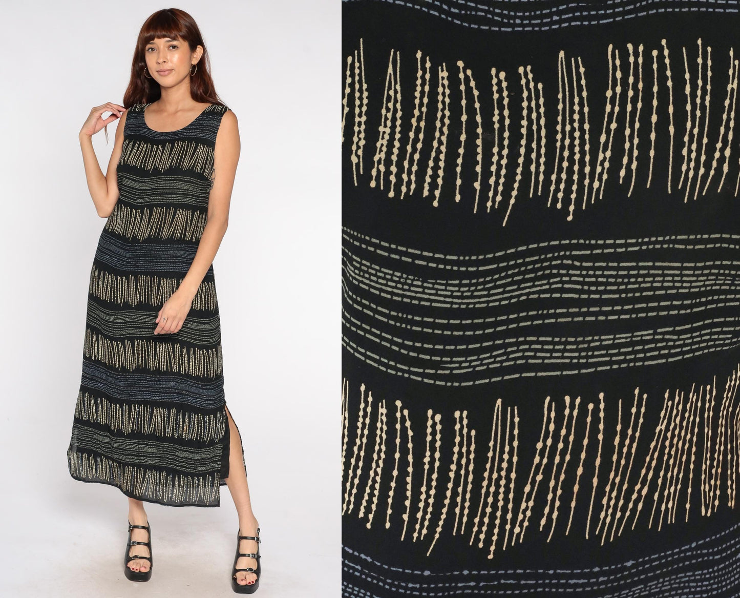 90s Expressions Abstract Stripe Maxi Dress Black Tan Sleeveless Small