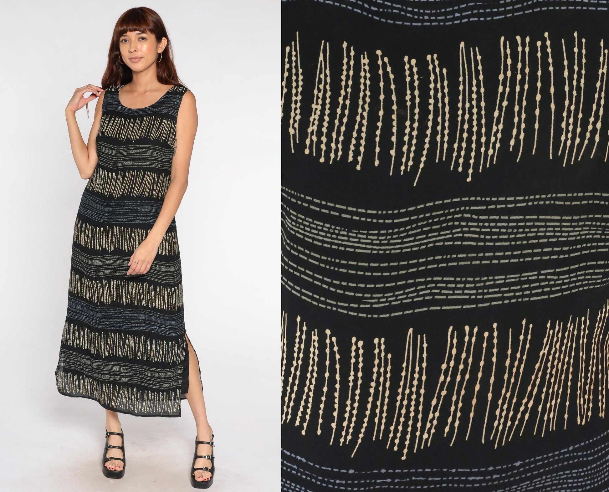 90s Expressions Abstract Stripe Maxi Dress Black Tan Sleeveless Small