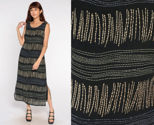 90s Expressions Abstract Stripe Maxi Dress Black Tan Sleeveless Small