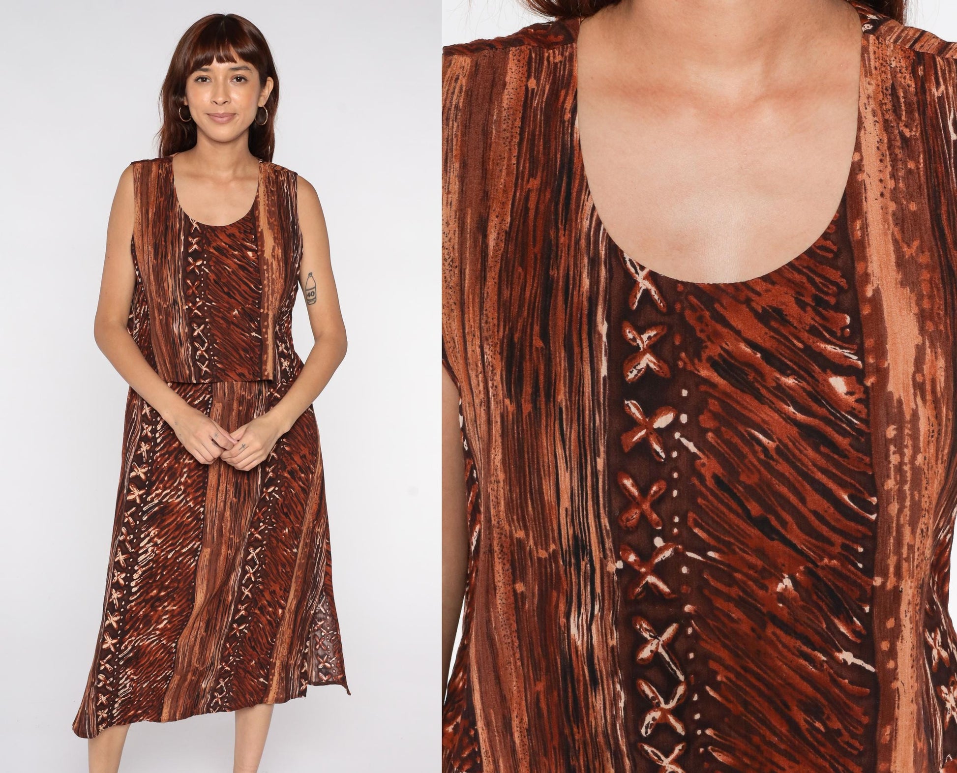 90s Rabbit Designs Batik Midi Dress Brown Tribal Print Rayon Medium