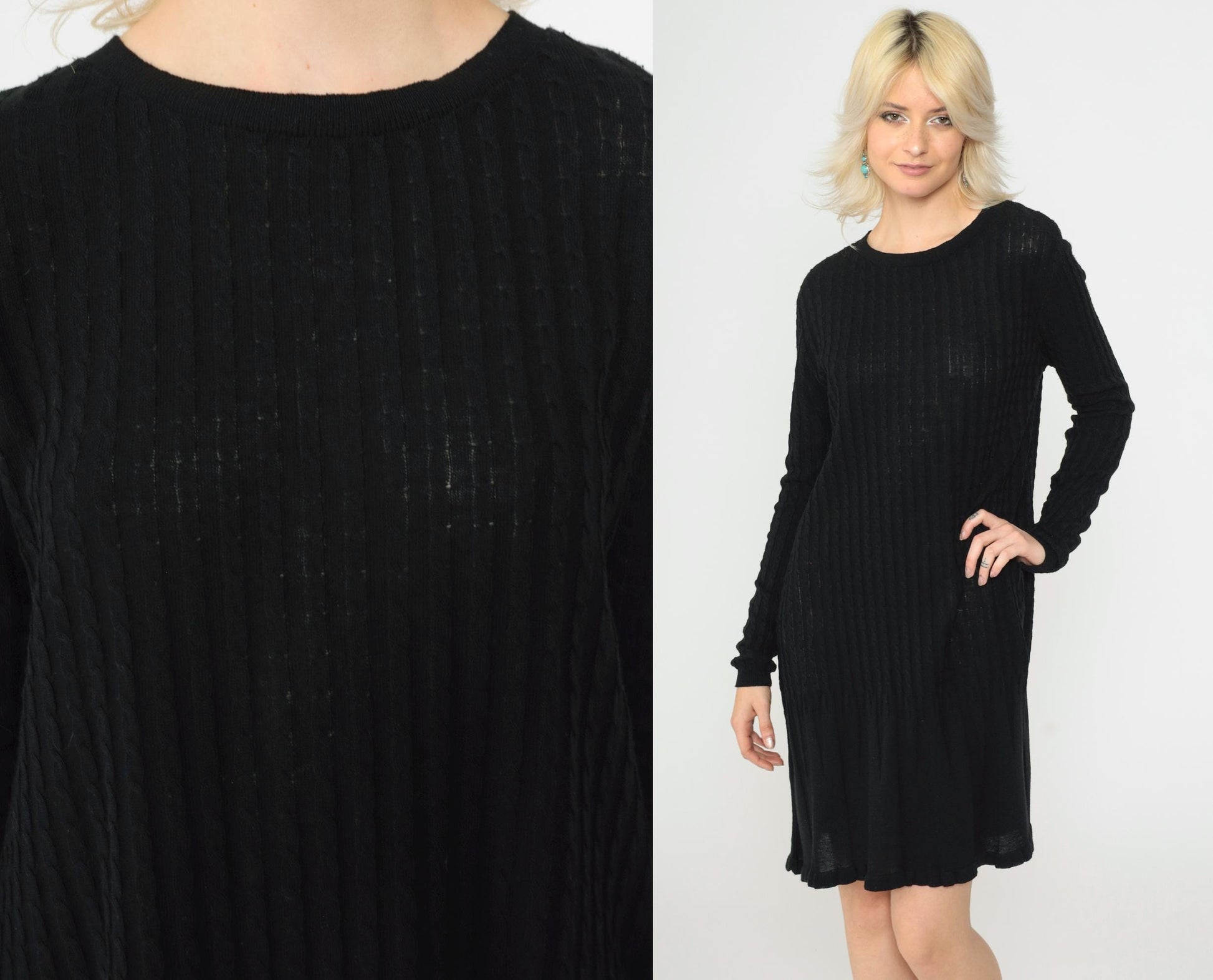 90s K Studio Black Ribbed Knit Sweater Dress Scalloped Hem Large
