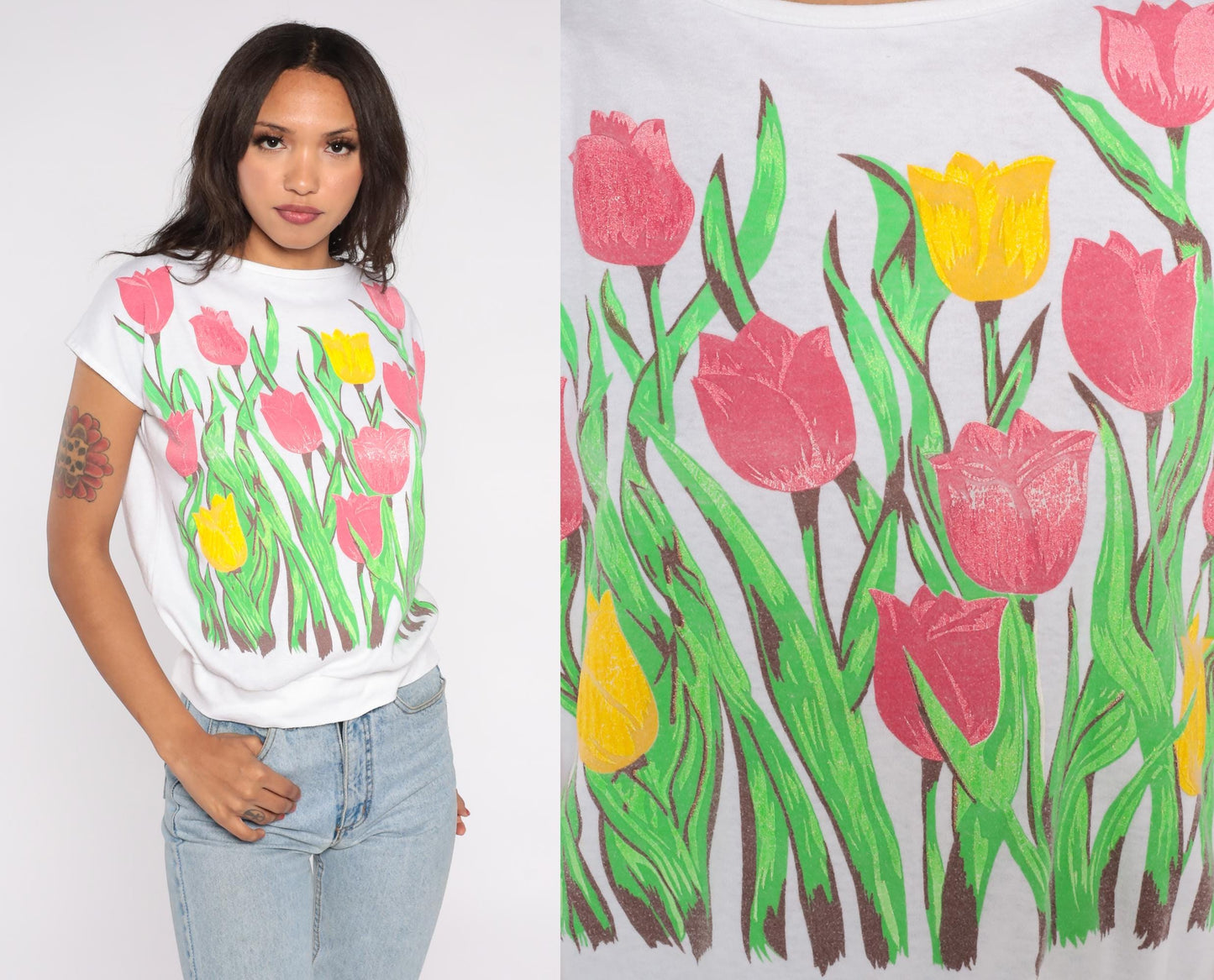 90s White Tulip Floral Cropped Cotton Shirt Small S