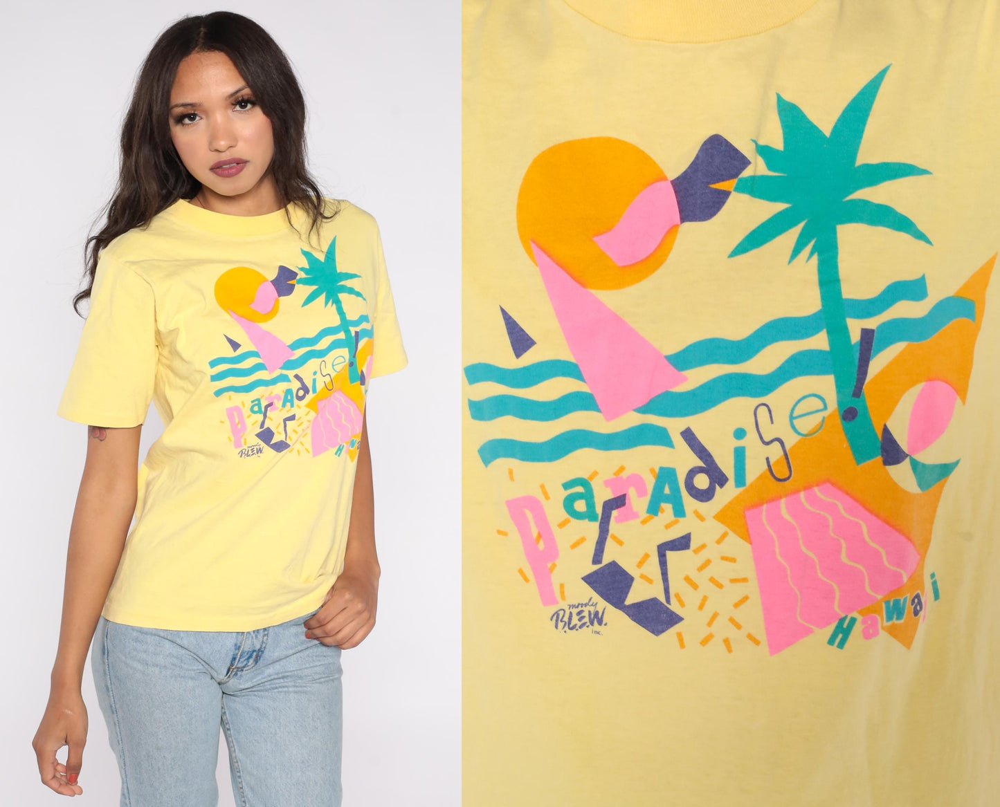 90s Champion Paradise Hawaii Graphic Tee Yellow Neon Pink Small