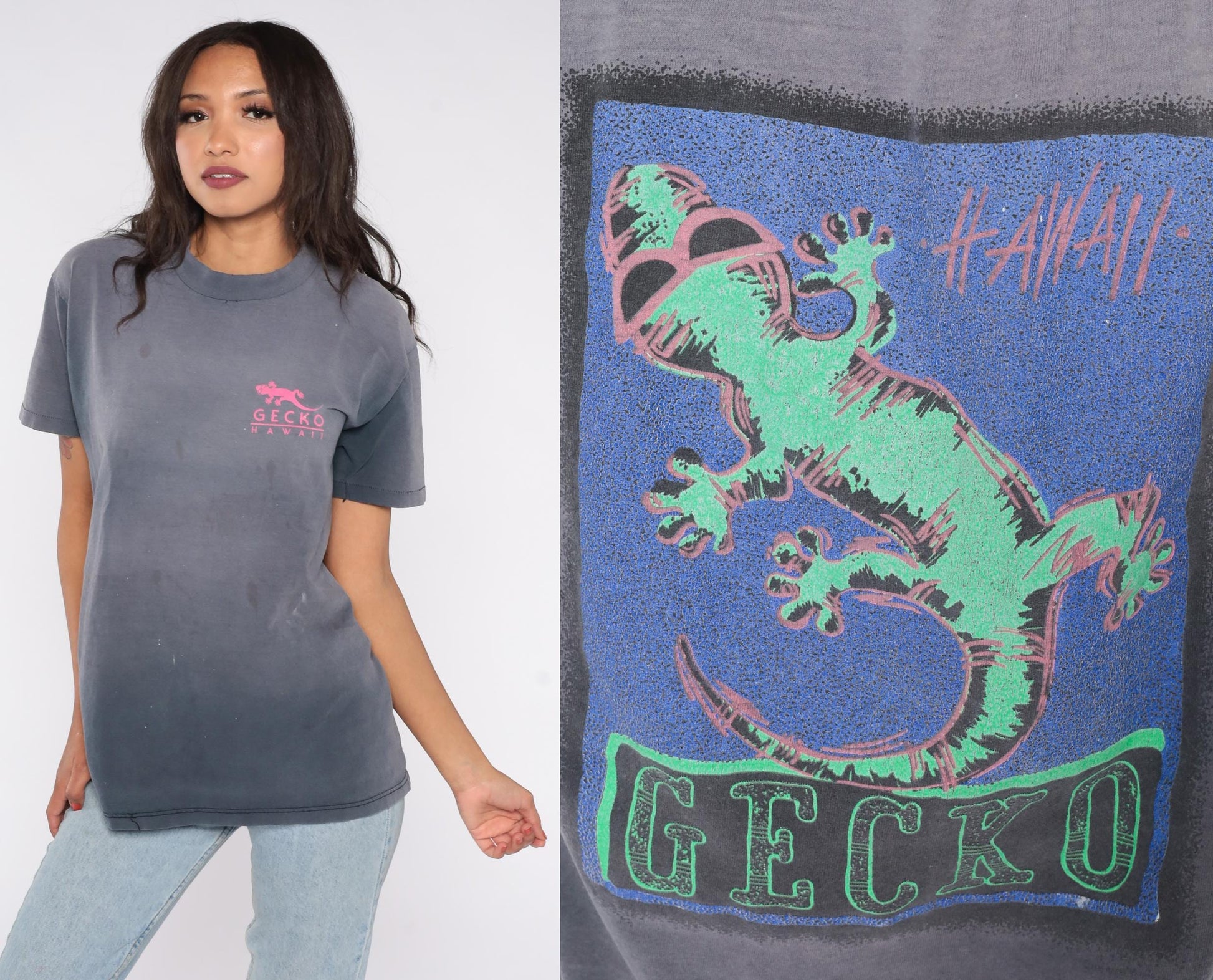 90s Gecko Hawaii Surf Tee Gray Neon Graphic Cotton Large L