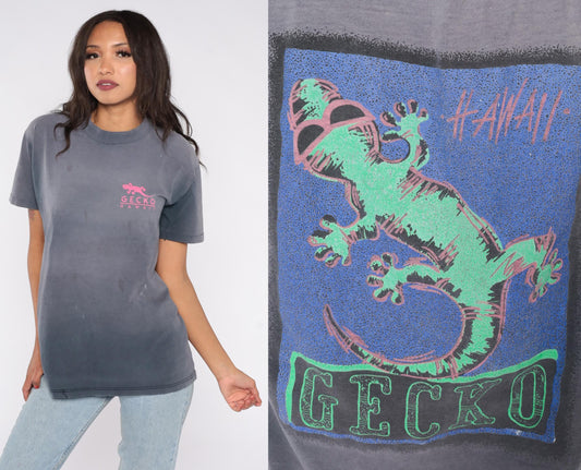 90s Gecko Hawaii Surf Tee Gray Neon Graphic Cotton Large L