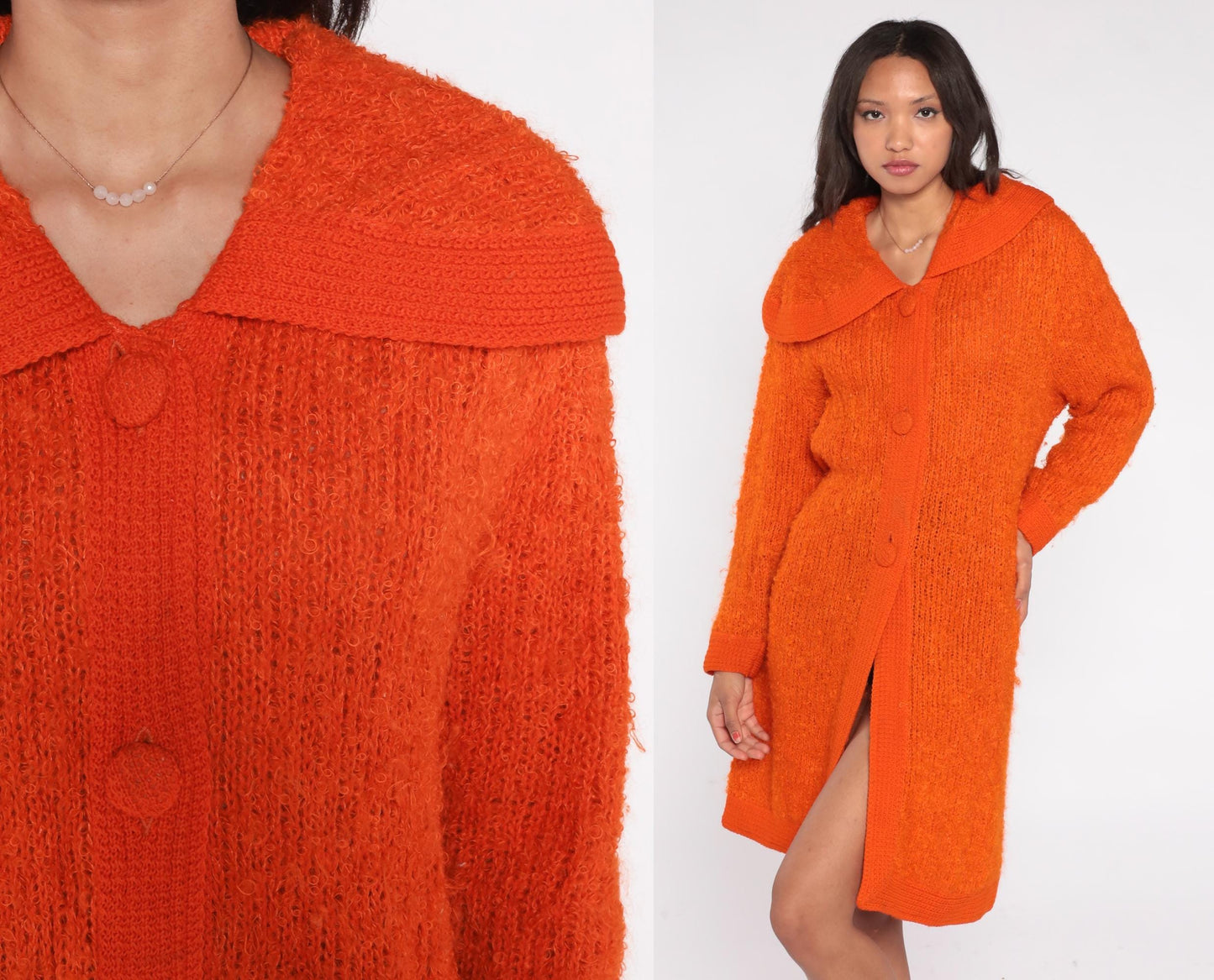 70s Mur Elen California Orange Boucle Cardigan Coat Maxi Length Small