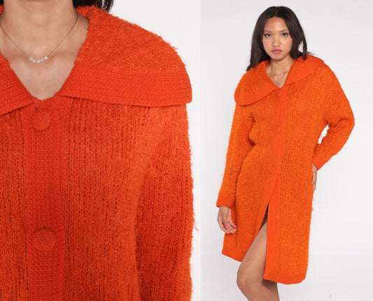 70s Mur Elen California Orange Boucle Cardigan Coat Maxi Length Small