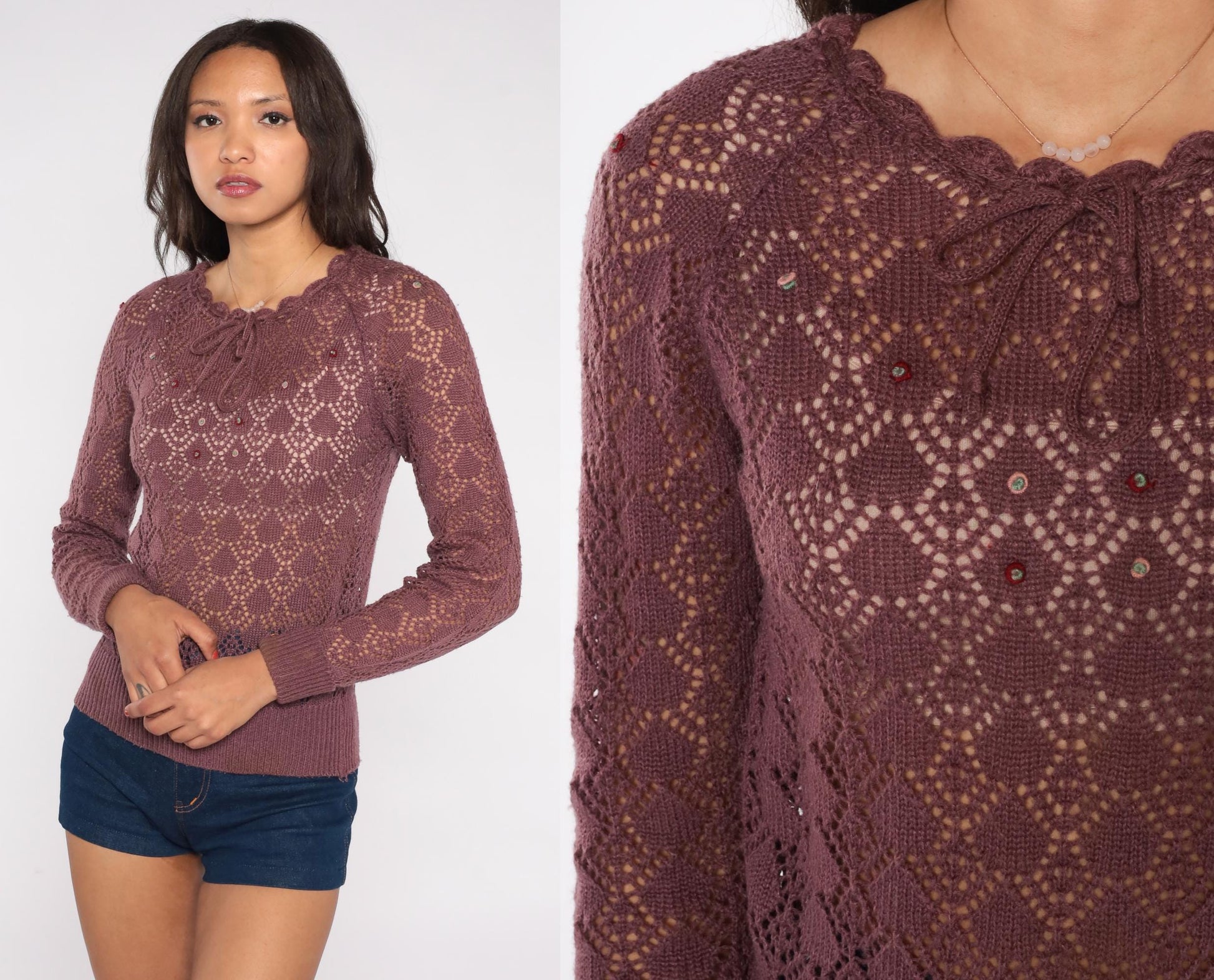 80s Purple Mauve Open Knit Crochet Pullover Scalloped Neckline Small S