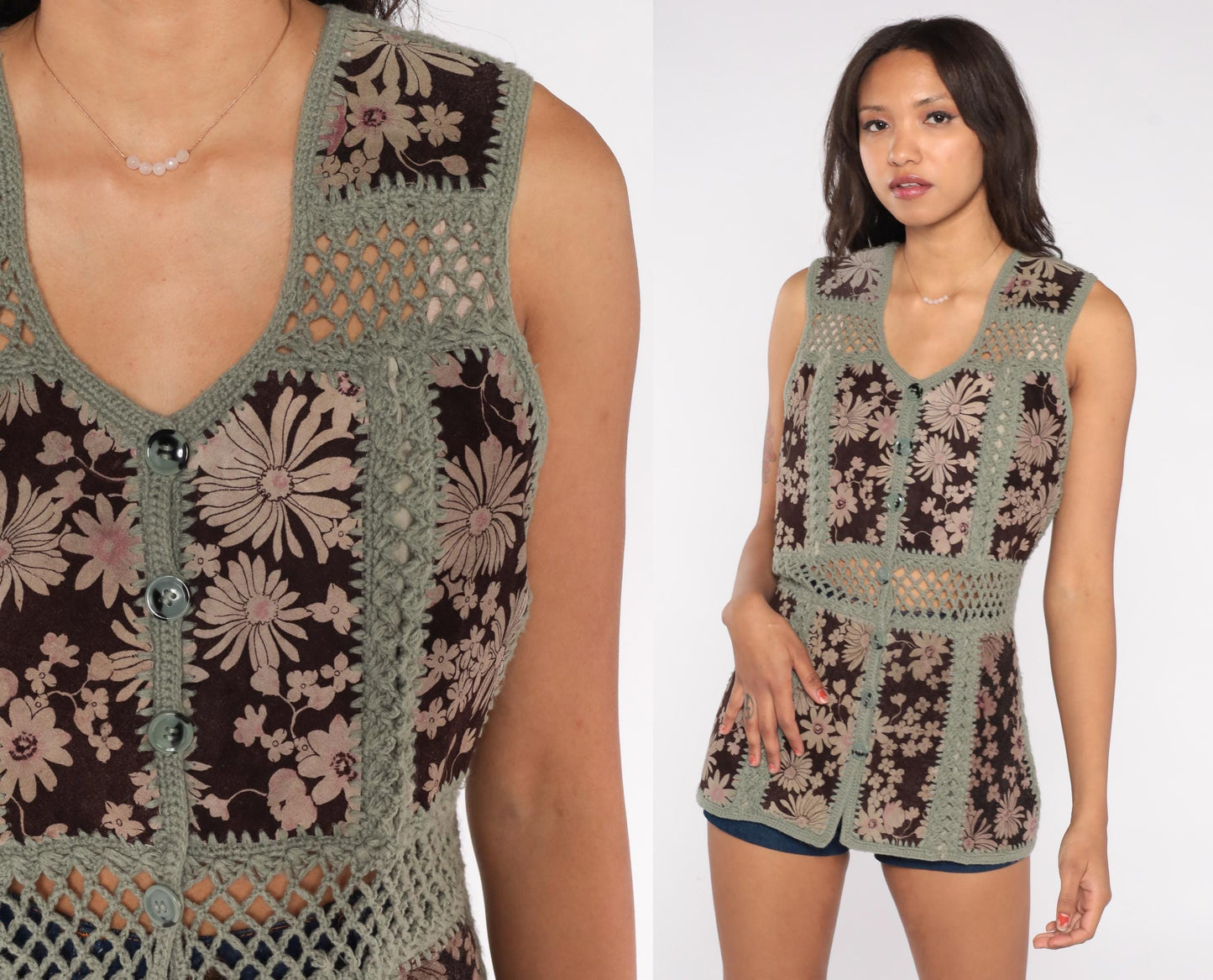 70s Crochet Patchwork Vest Sage Green Brown Floral Daisy Mesh Knit Medium M