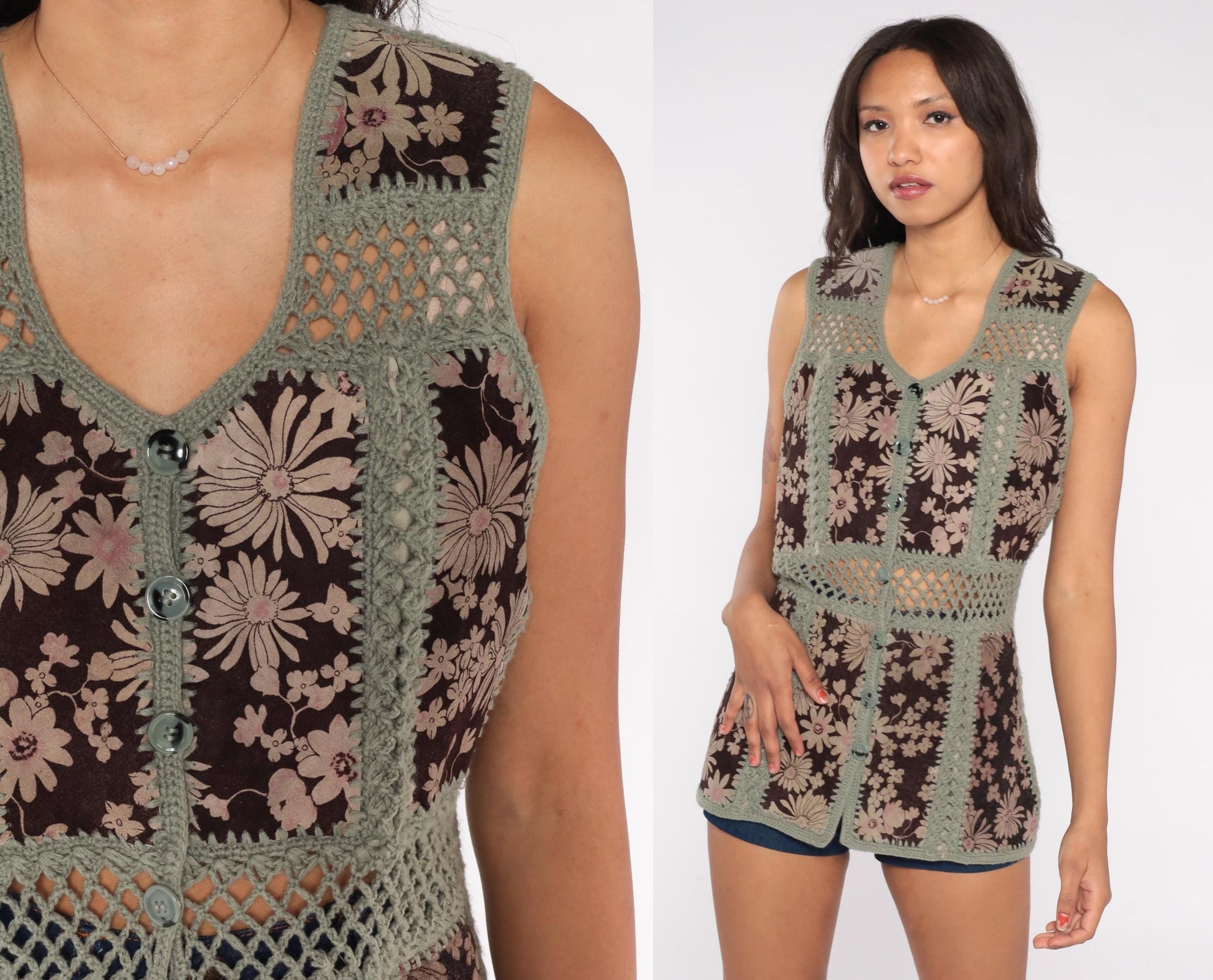 70s Crochet Patchwork Vest Sage Green Brown Floral Daisy Mesh Knit Medium M