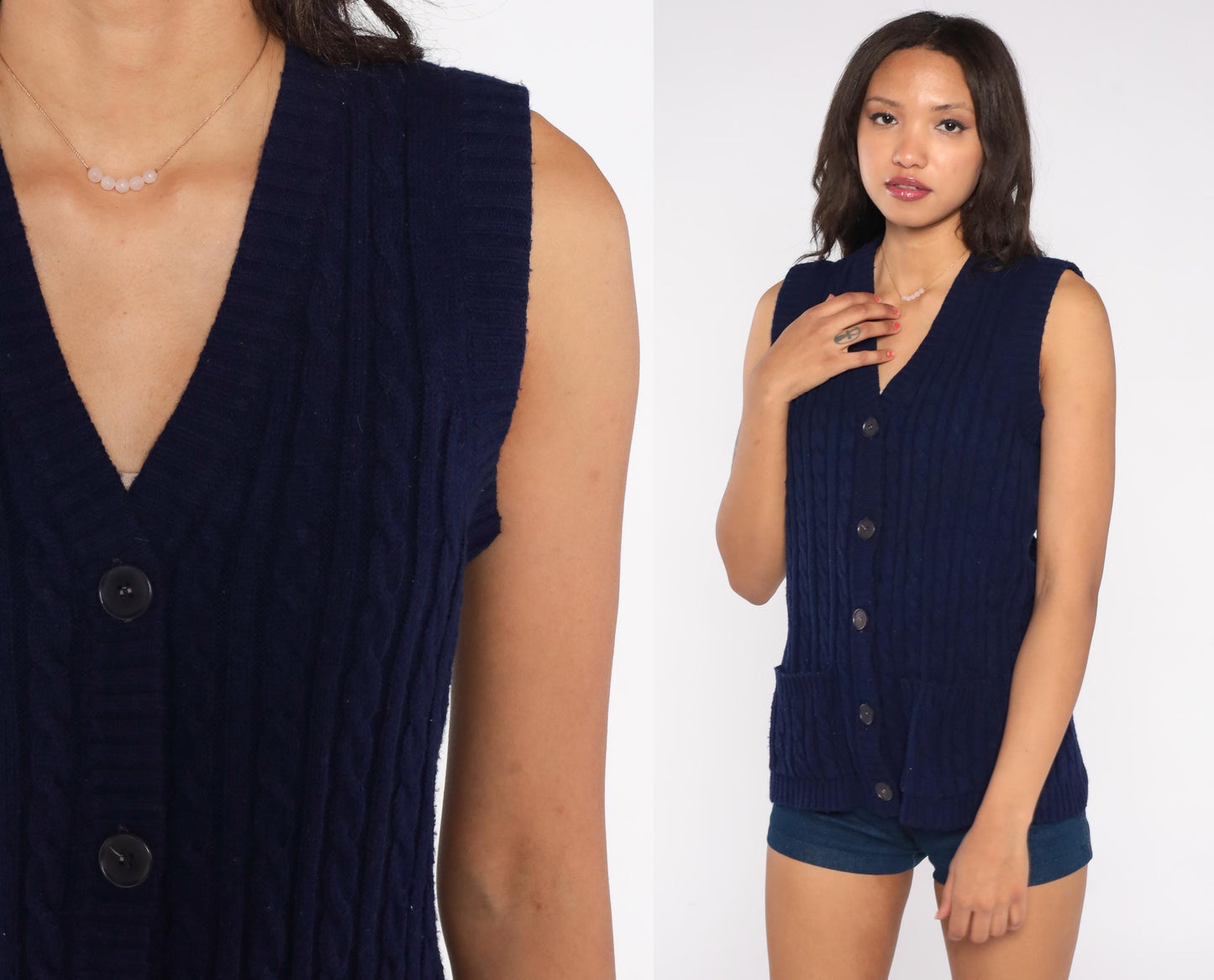 70s Dayne Taylor Navy Cable Knit Sweater Vest V-Neck Pockets Medium
