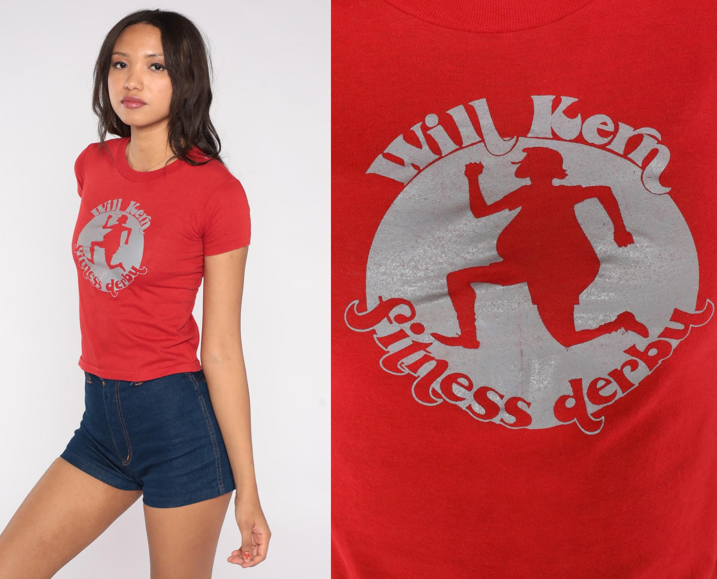 80s Will Kern Fitness Derby Graphic T-Shirt Red Silver Crewneck Extra Small XS