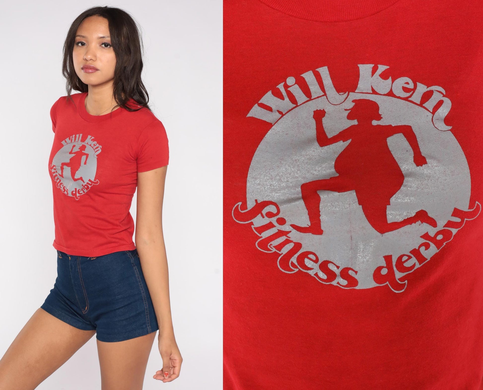 80s Will Kern Fitness Derby Graphic T-Shirt Red Silver Crewneck Extra Small XS