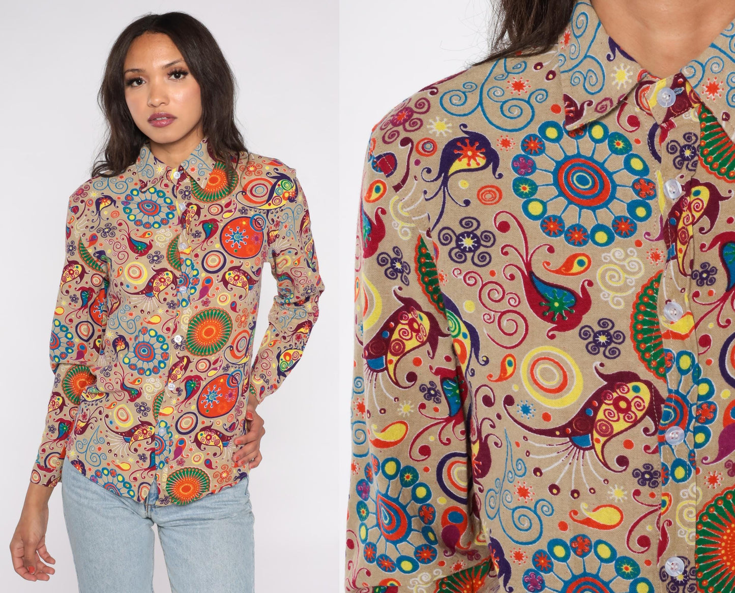 Y2K Psychedelic Button Down Shirt Beige Paisley Swirl Cotton Small S