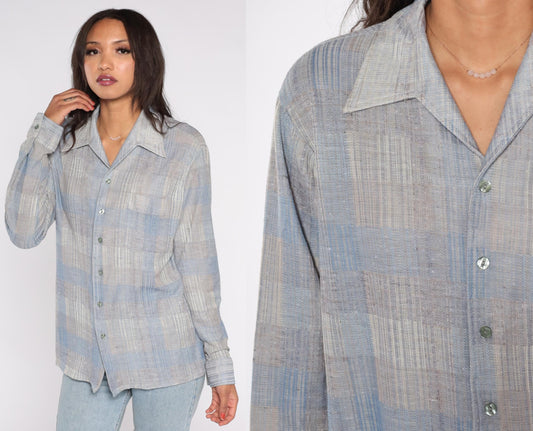 70s Joel Plaid Button-Down Shirt Blue Grey Polyester Long Sleeve Extra Large XL