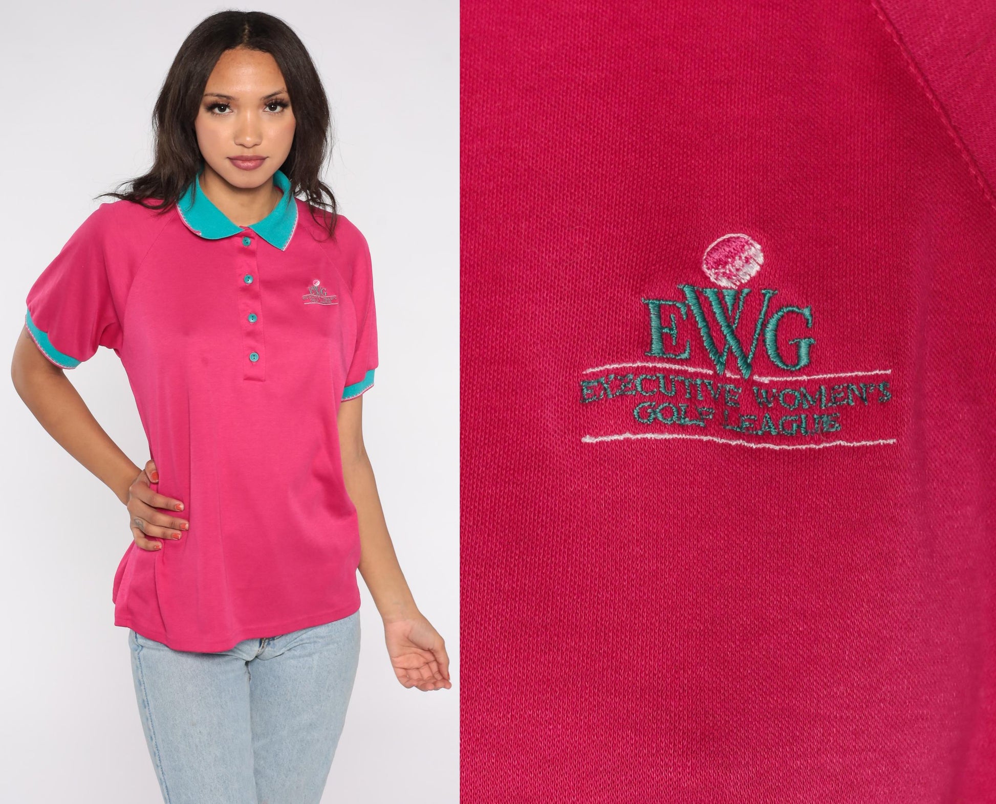 90s Bette & Court Hot Pink Polo Shirt Teal Trim Golf EWG Large L