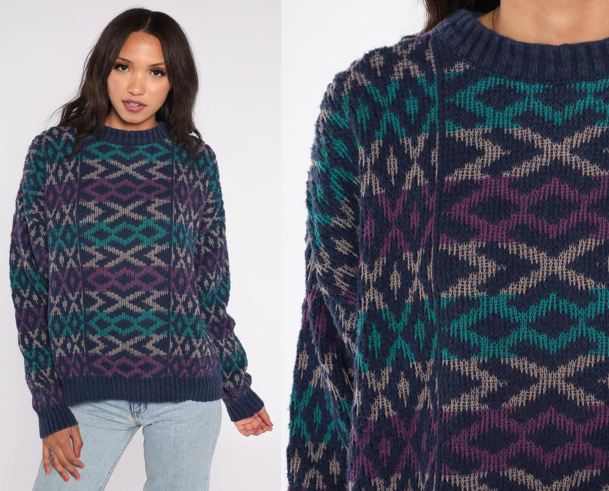 90s Patrick James Geometric Diamond Sweater Navy Teal Purple Cotton XL