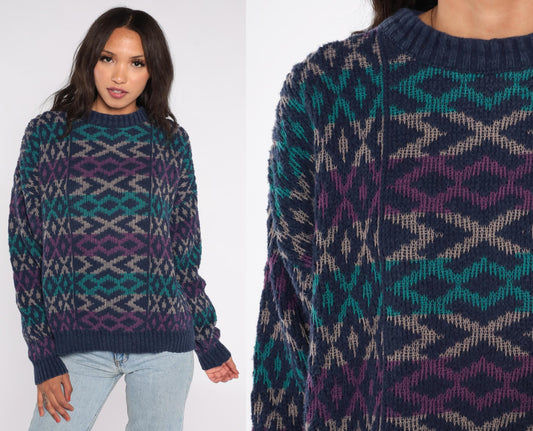 90s Patrick James Geometric Diamond Sweater Navy Teal Purple Cotton XL