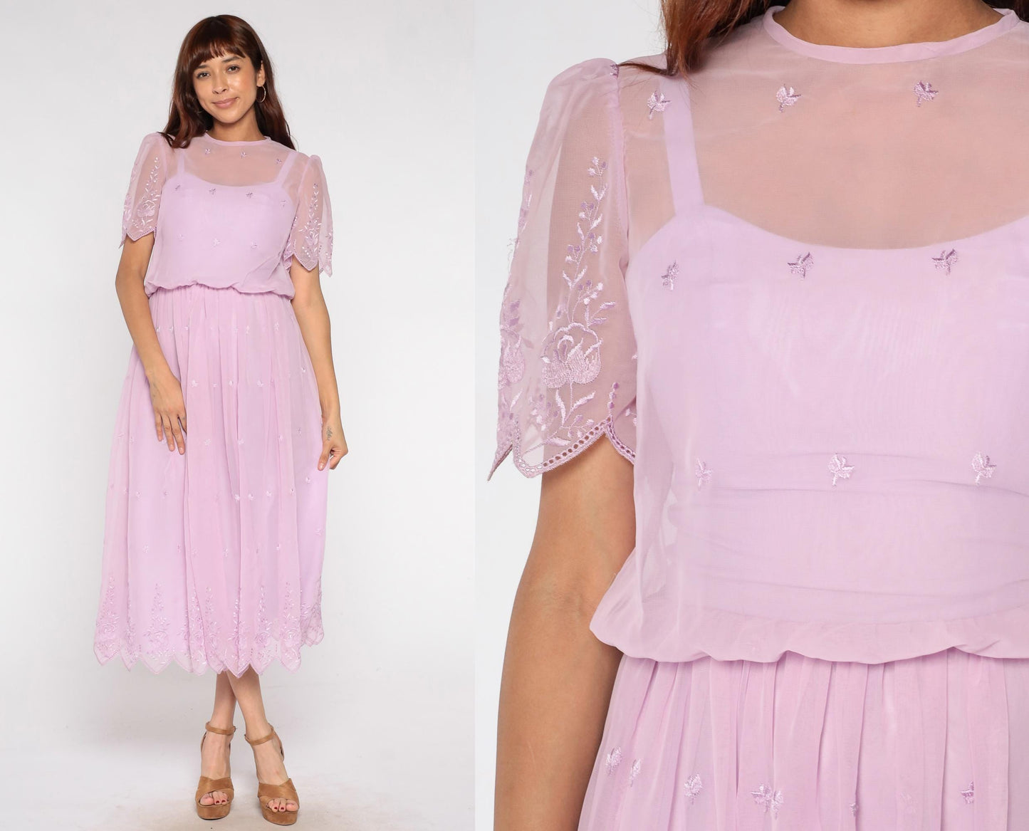 70s Lavender Prairie Dress Sheer Embroidered Midi Floral Scalloped Small