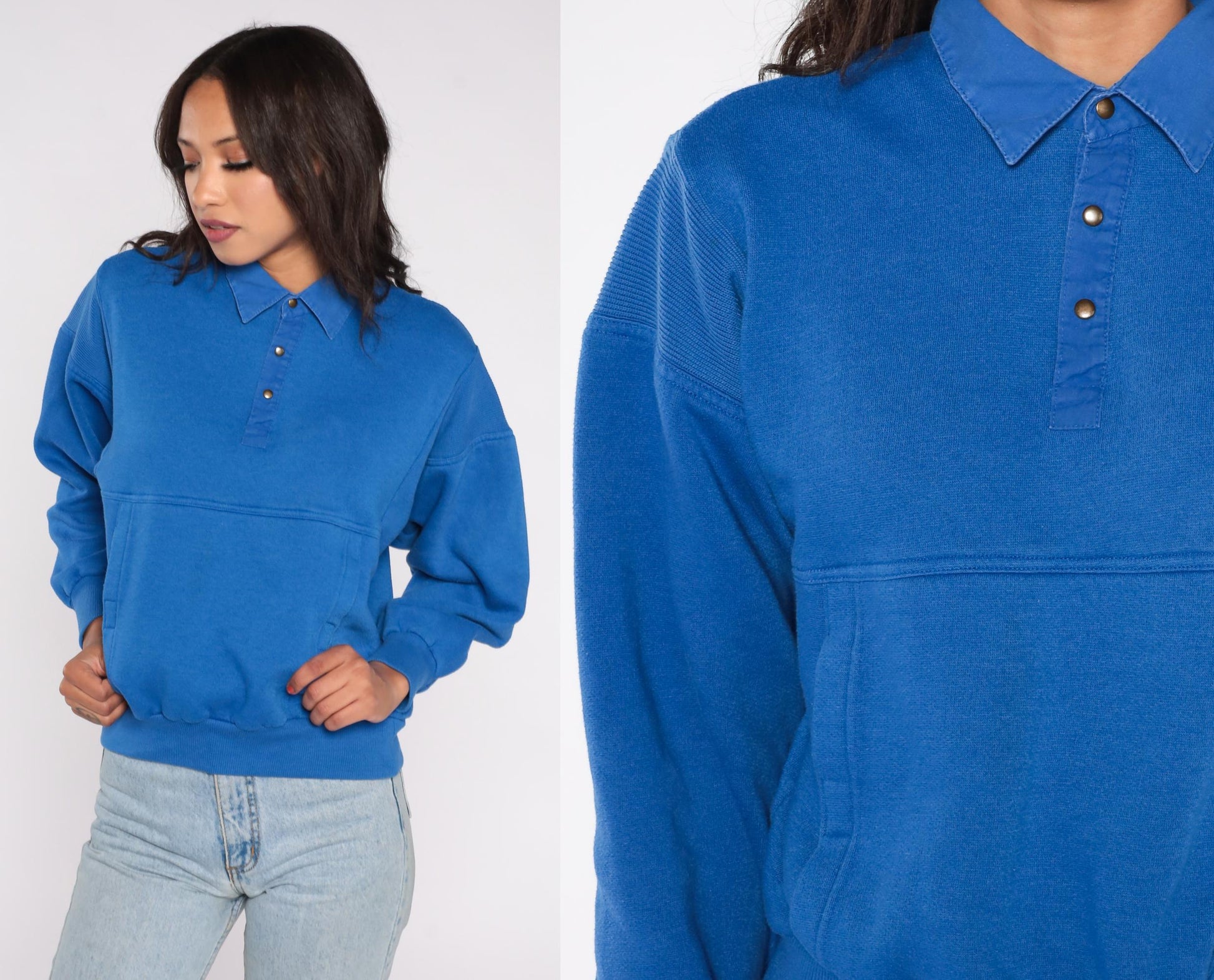 90s Trader Bay Blue Polo Sweatshirt Snap Front Fleece Lined Small S