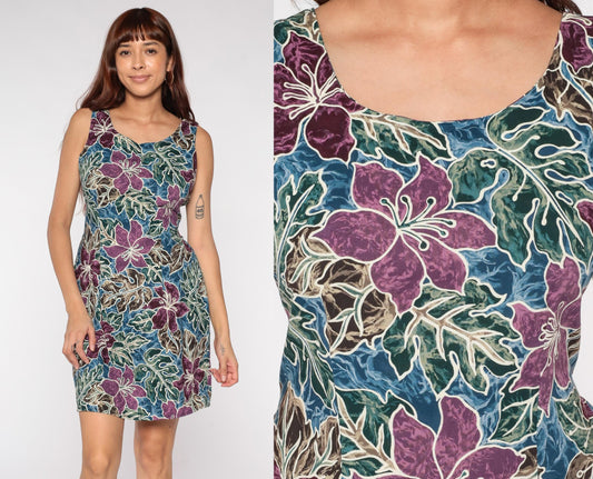 90s Hilo Hattie Hibiscus Floral Mini Dress Teal Purple Sleeveless XS