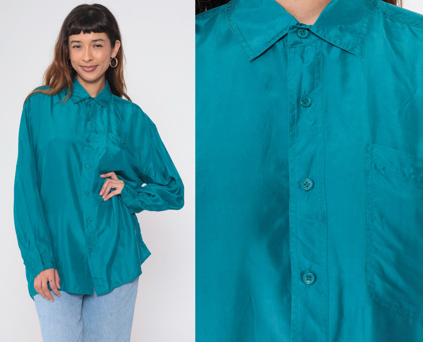 90s Olive Green Silk Button-Up Blouse Long Sleeve Chest Pocket Medium M