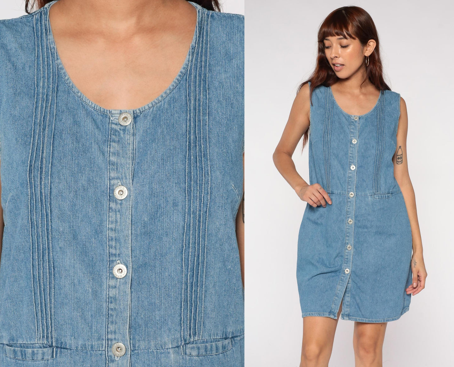 90s Blue Denim Mini Dress Empire Waist Sleeveless Button Front Medium M