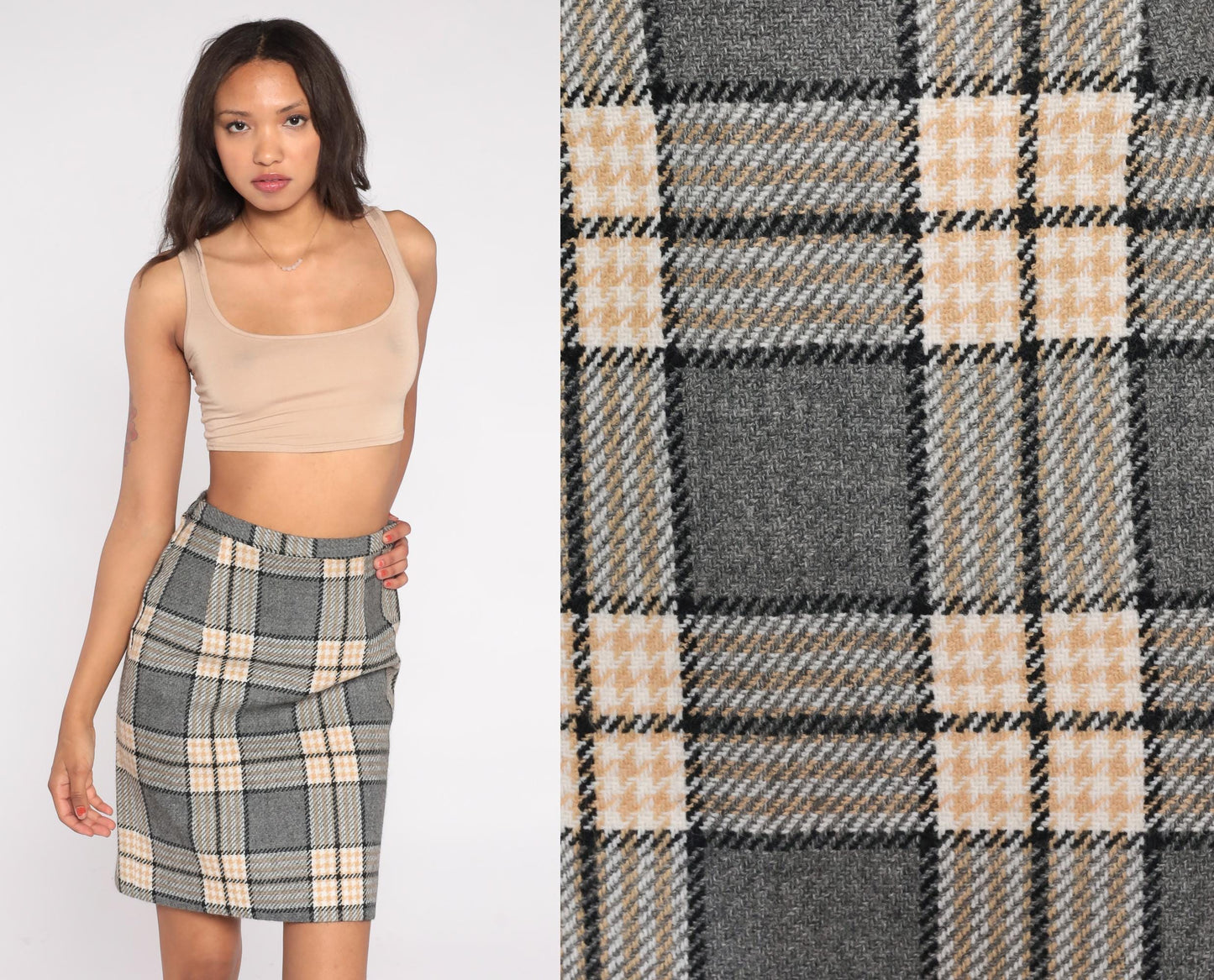 70s Plaid Wool Mini Skirt High Waist Pencil Tailored Grey Cream Black Extra Small XS