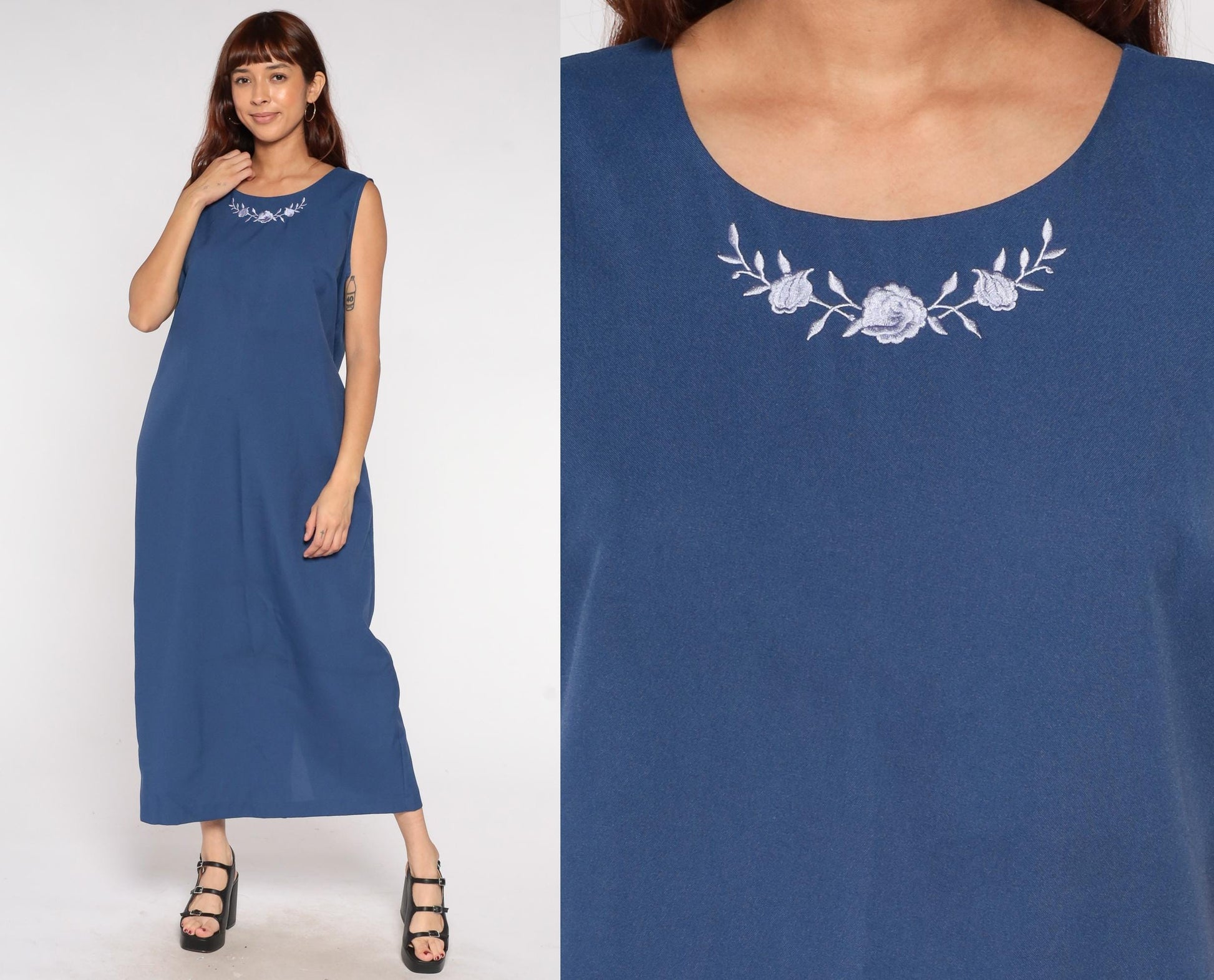 90s BFA Classics Navy Maxi Dress Embroidered Floral Neckline Sleeveless Extra Large XL
