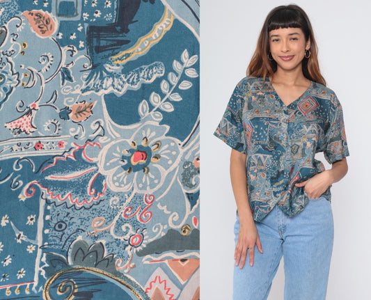 90s Stunt Petites Silk Blouse Blue Paisley Geometric Print V-Neck Short Sleeve Large