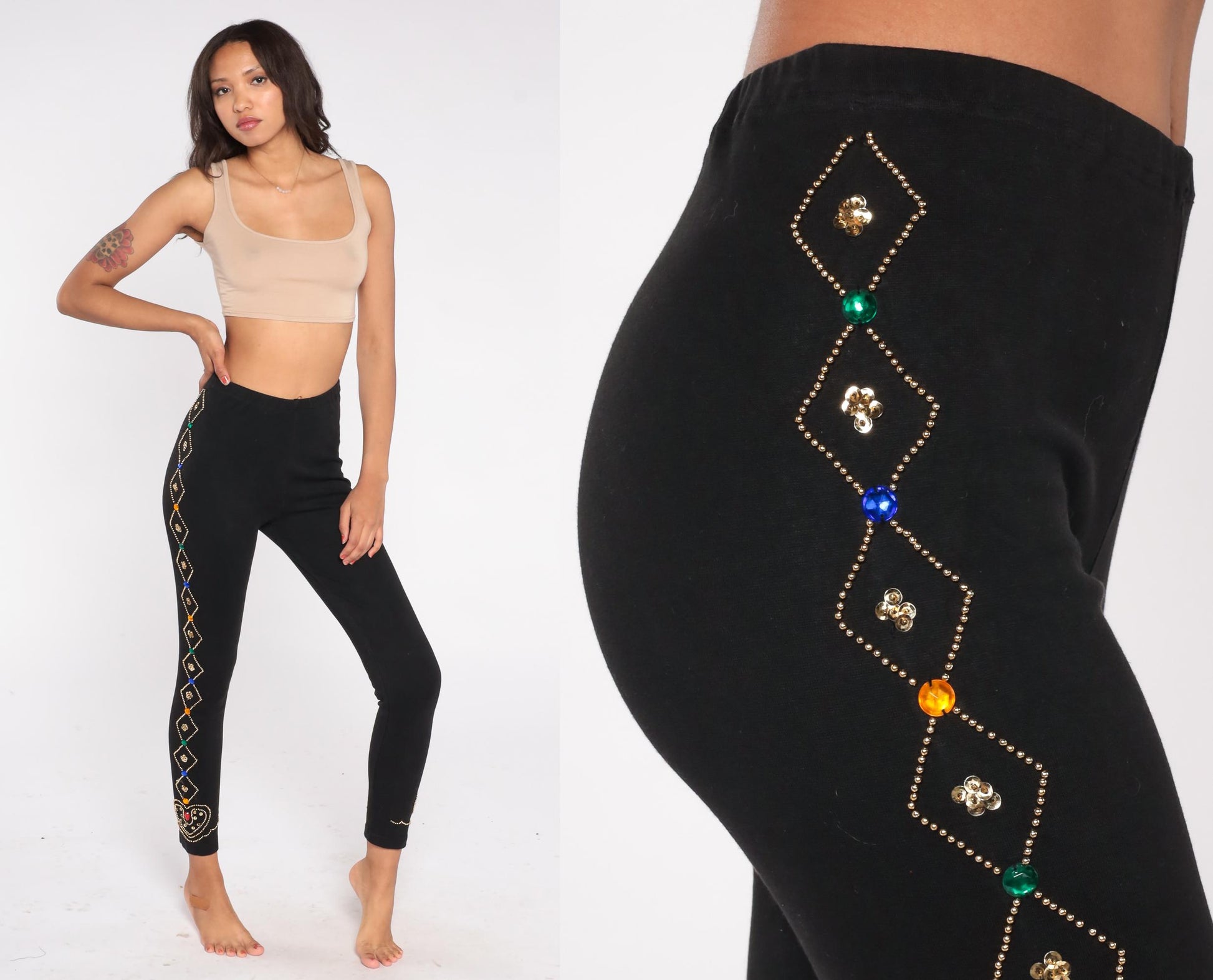 90s Contempo Casuals Black Beaded Leggings Gold Gemstone High Waist Medium M