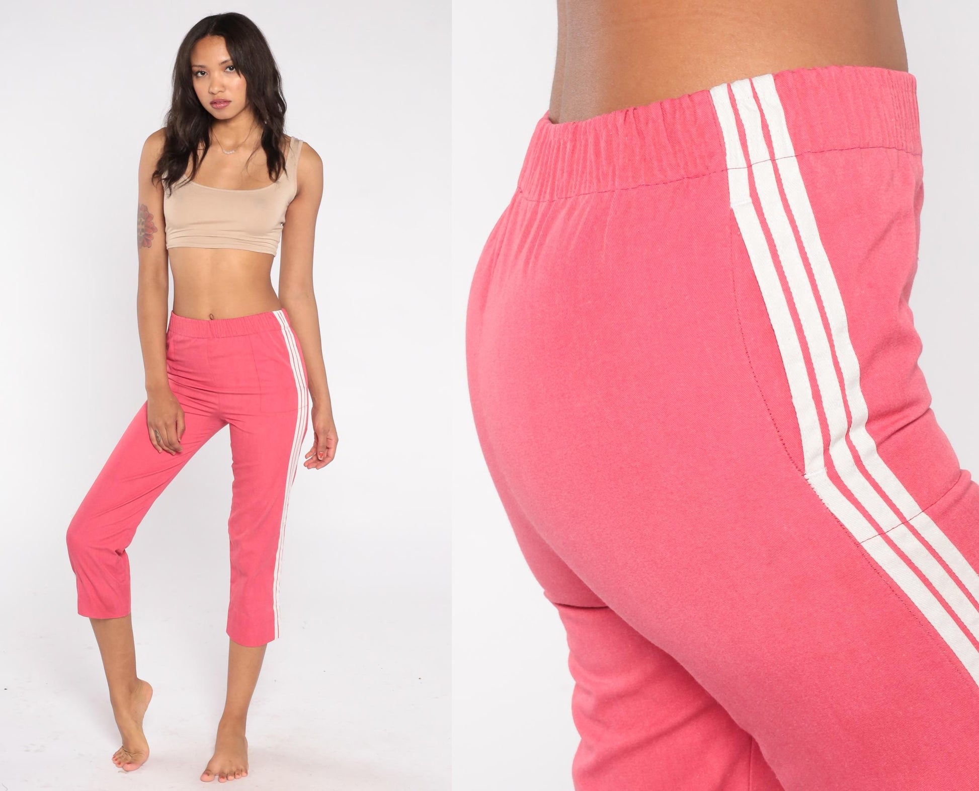 80s Sears Coral Pink Track Pants Capri White Side Stripe Extra Small XS