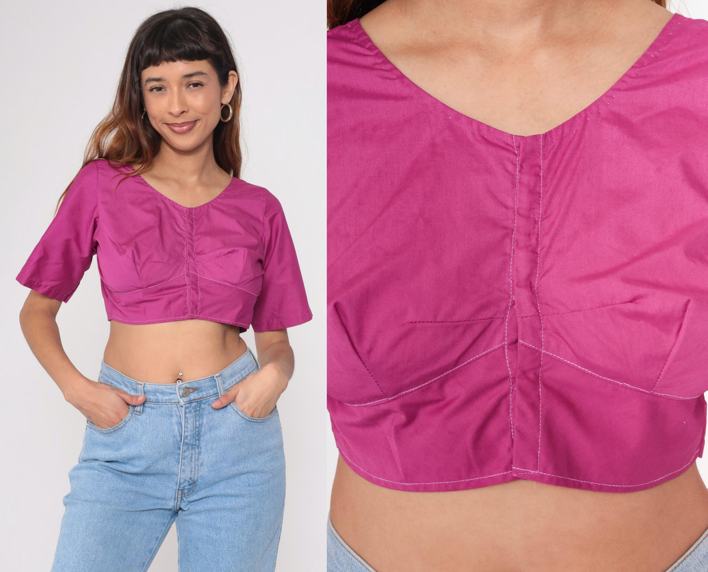 Y2K Magenta Crop Top V-Neck Choli-Inspired Blouse Small S
