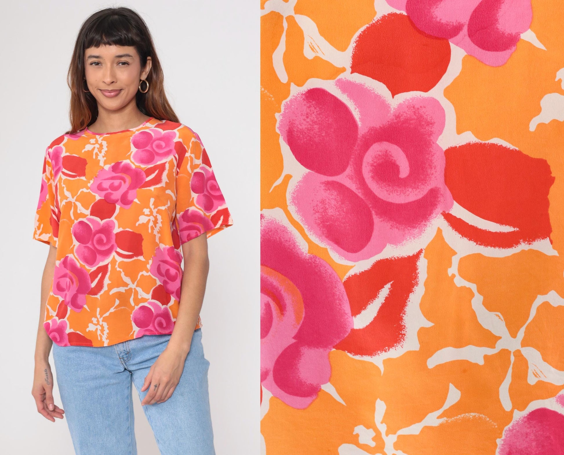 Y2K Christie and Jill Silk Blouse Floral Orange Pink Short Sleeve Medium M