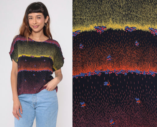 90s Abstract Multicolor Rayon Blouse Short Dolman Sleeves Small Medium