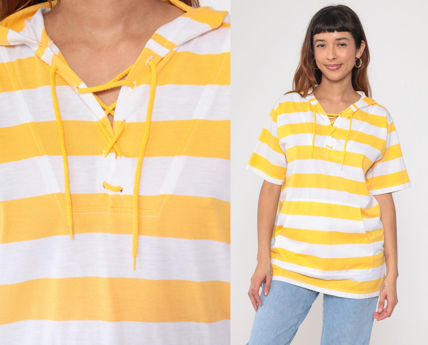 90s Yellow White Striped Short Sleeve Hooded Shirt Lace-Up V-Neck Small