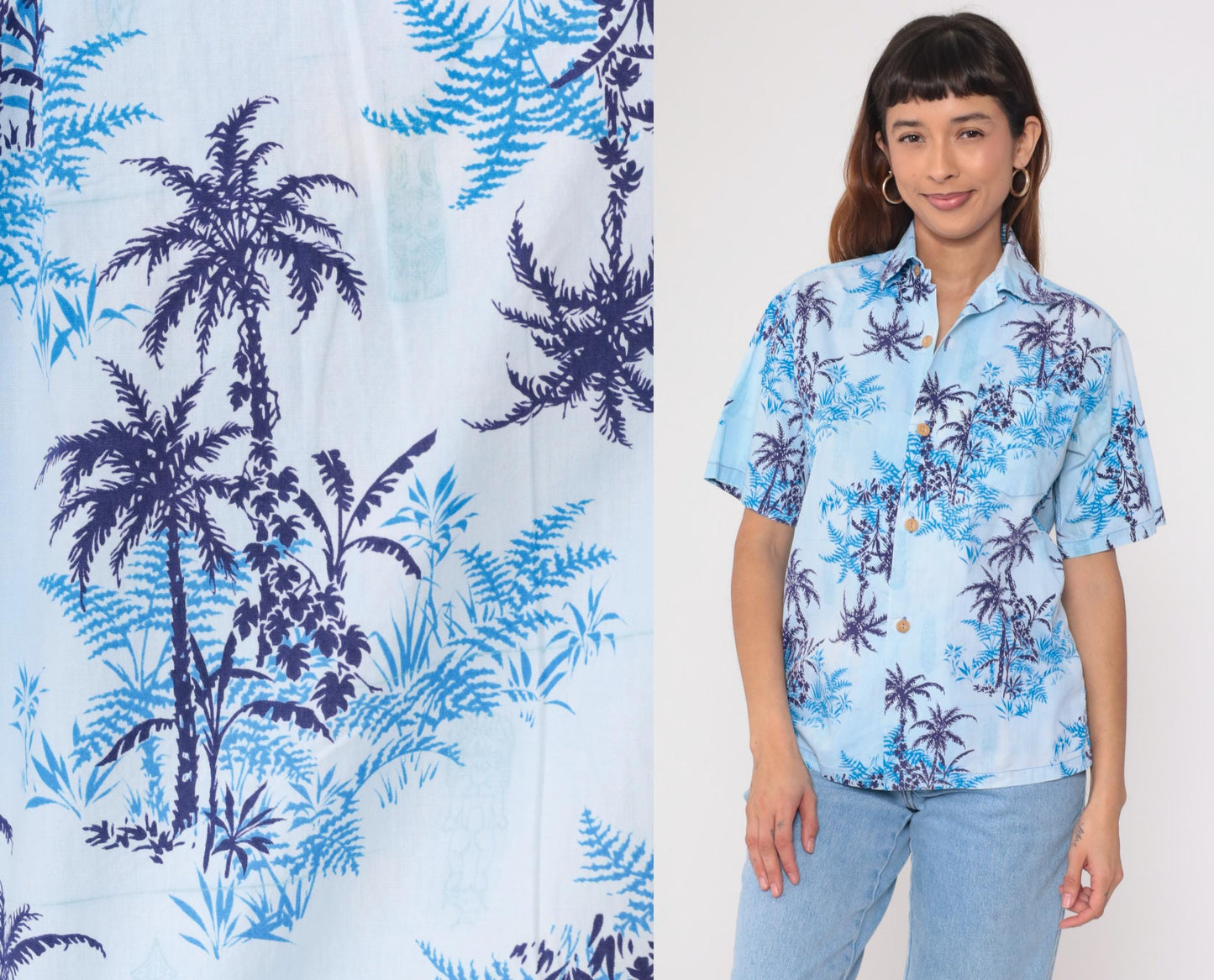 70s Tropicana Hawaiian Shirt Blue Palm Tree Fern Camp Collar Medium