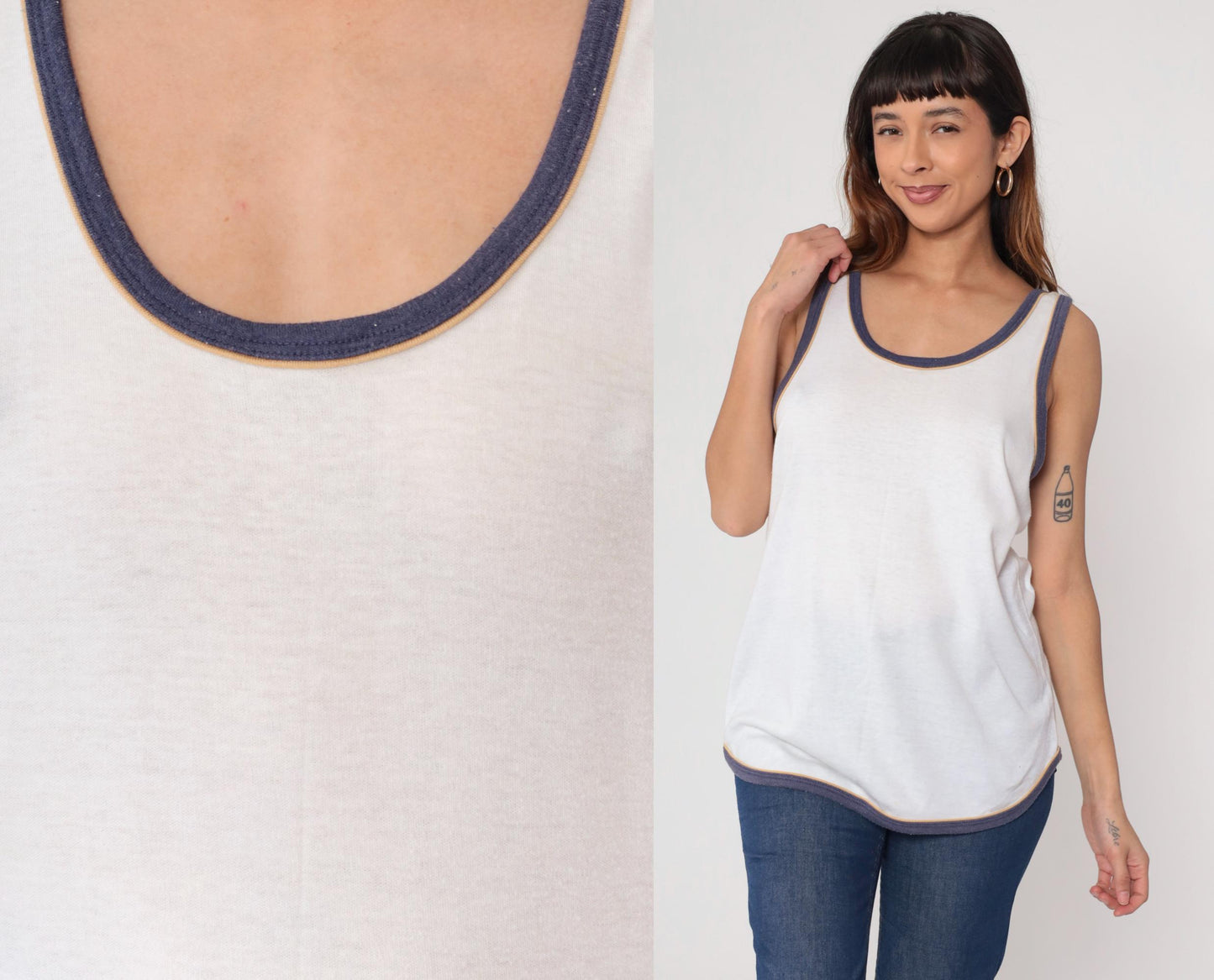 80s Laguna White Cotton Tank Top Navy Ringer Trim Scoop Neck Large L