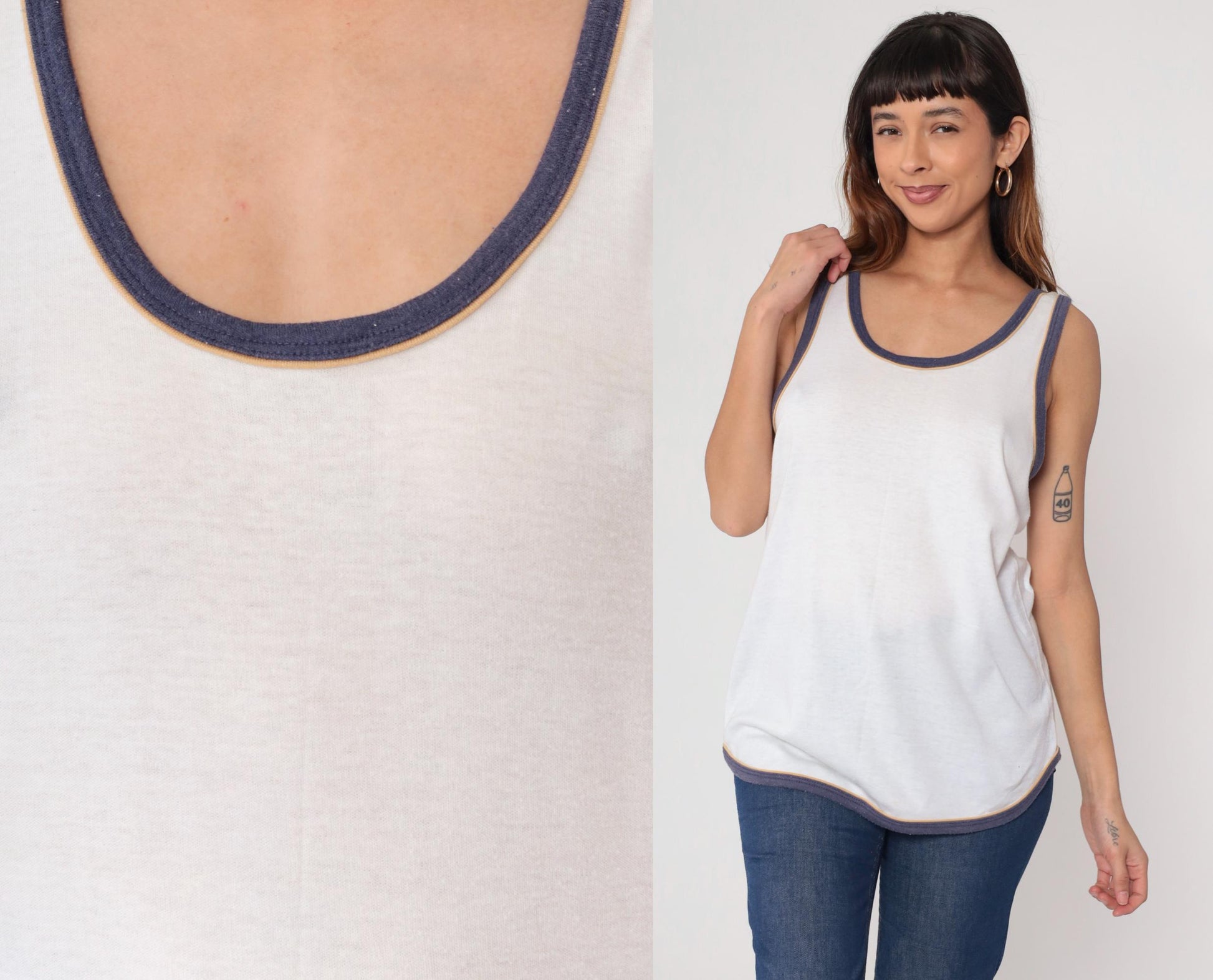 80s Laguna White Cotton Tank Top Navy Ringer Trim Scoop Neck Large L