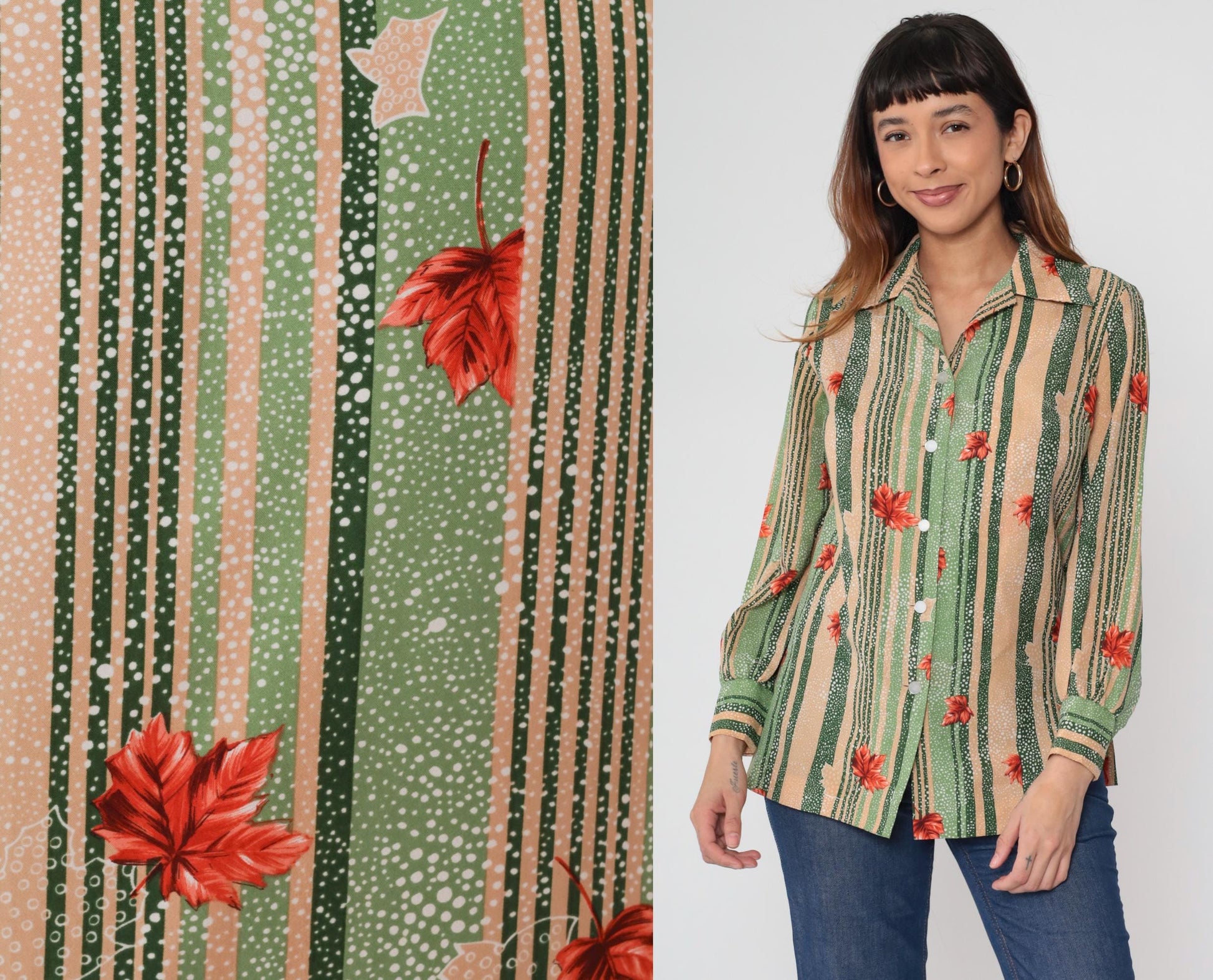 70s Pykettes Maple Leaf Striped Button-Up Blouse Green Peach Medium M