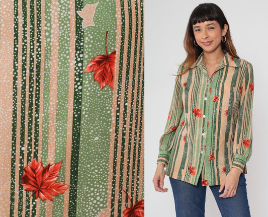 70s Pykettes Maple Leaf Striped Button-Up Blouse Green Peach Medium M