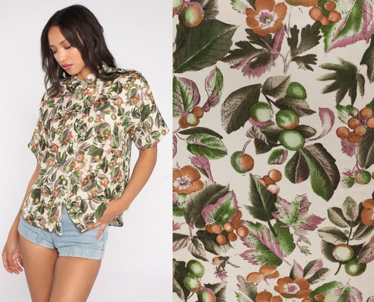 70s Botanical Print Button Down Shirt Cream Green Orange Brown Floral Large L