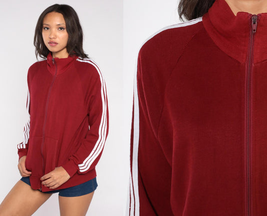 80s Red Track Jacket White Stripe Zip Front Raglan High Collar Large L
