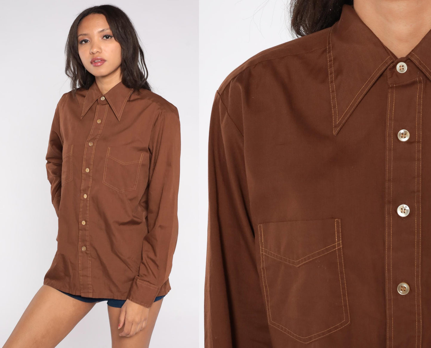 70s JCPenney Chocolate Brown Button-Up Shirt Contrast Stitch Pointed Collar Medium