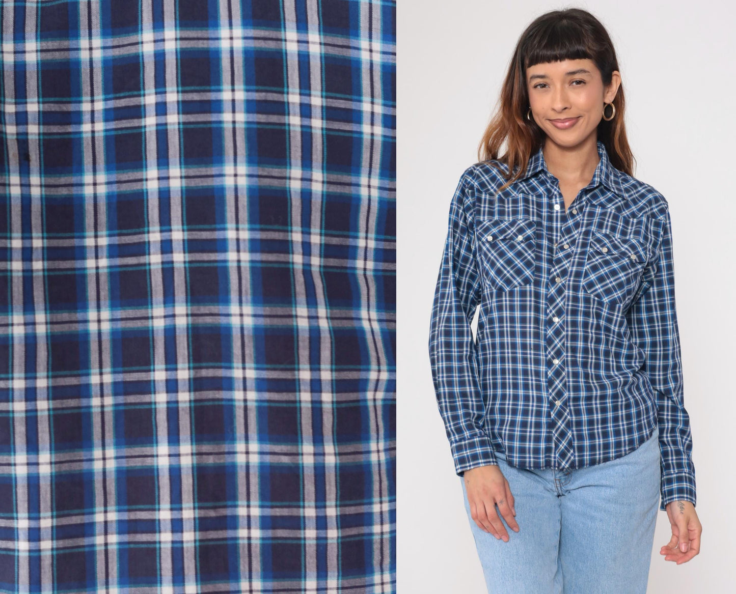 90s Rustler Blue Plaid Flannel Pearl Snap Shirt Medium