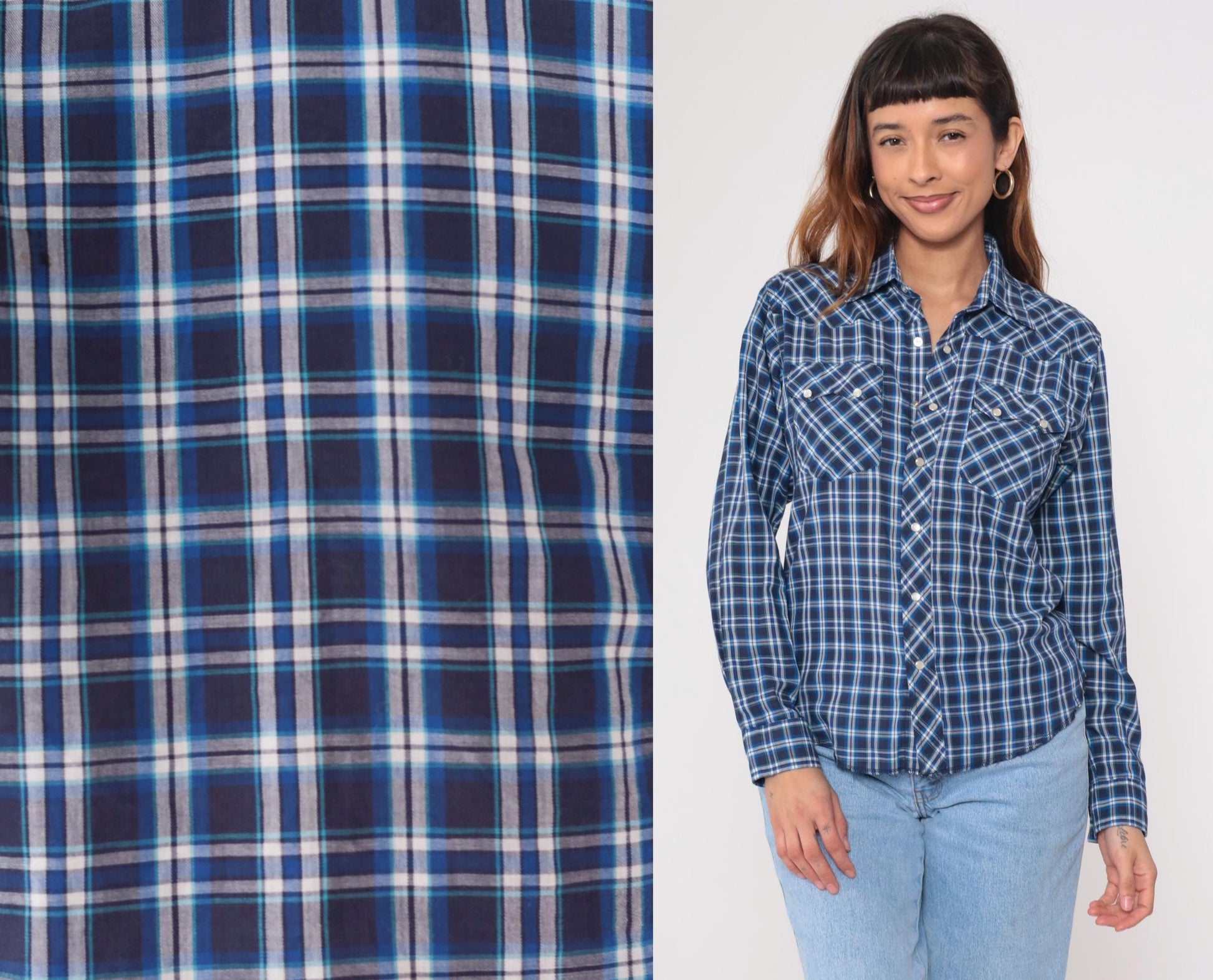 90s Rustler Blue Plaid Flannel Pearl Snap Shirt Medium