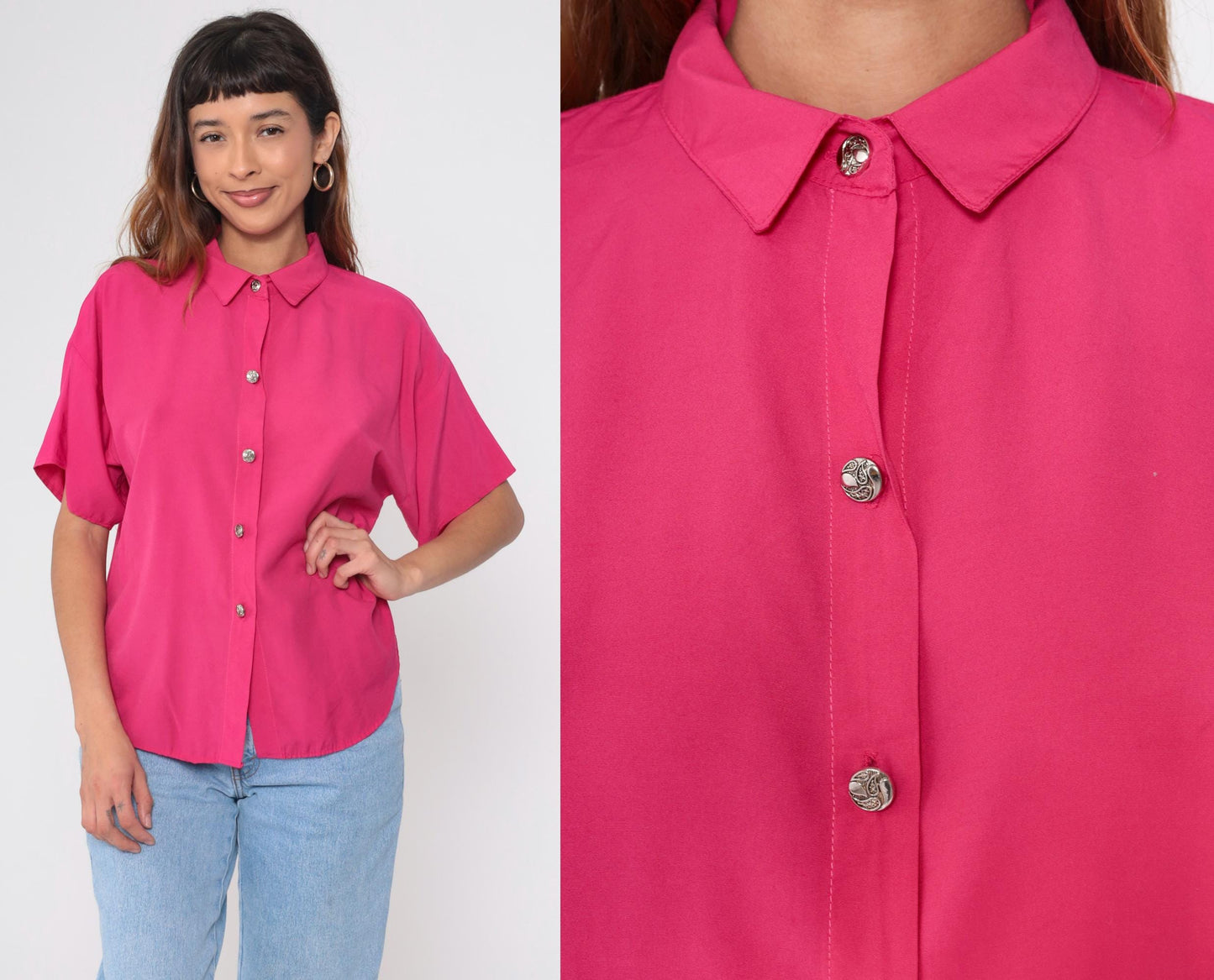90s La Fever Hot Pink Button Up Blouse Silver Buttons Short Sleeve Medium M
