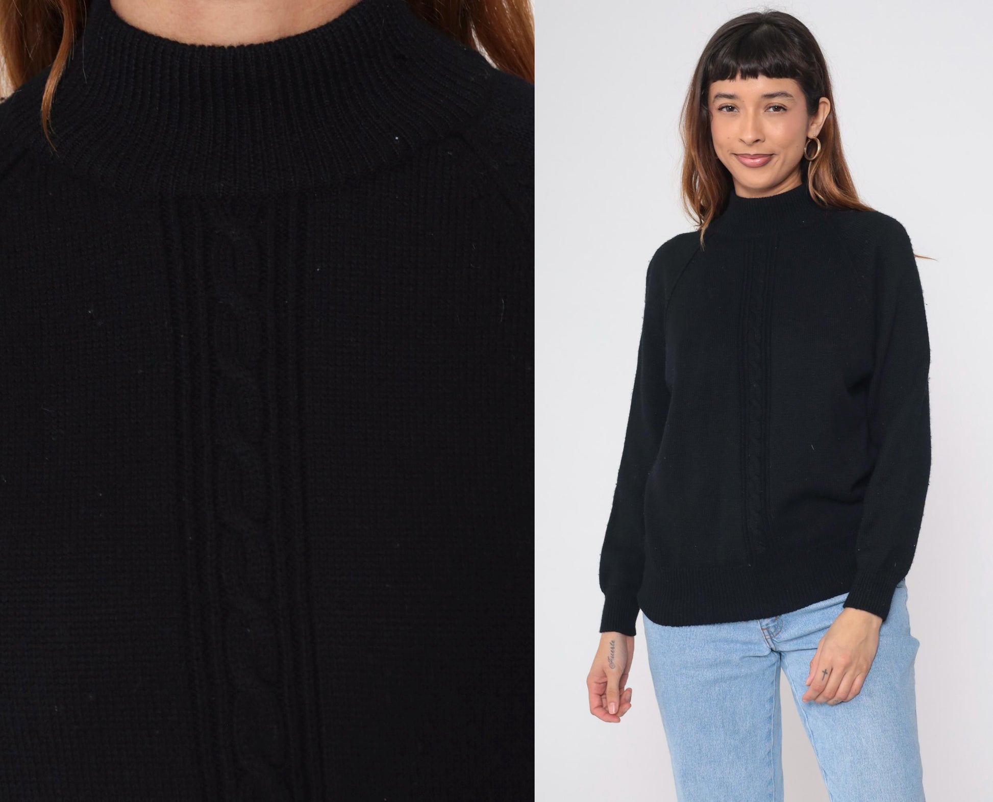 90s Liz Claiborne Black Merino Wool Mock Neck Sweater Cable Knit Small S